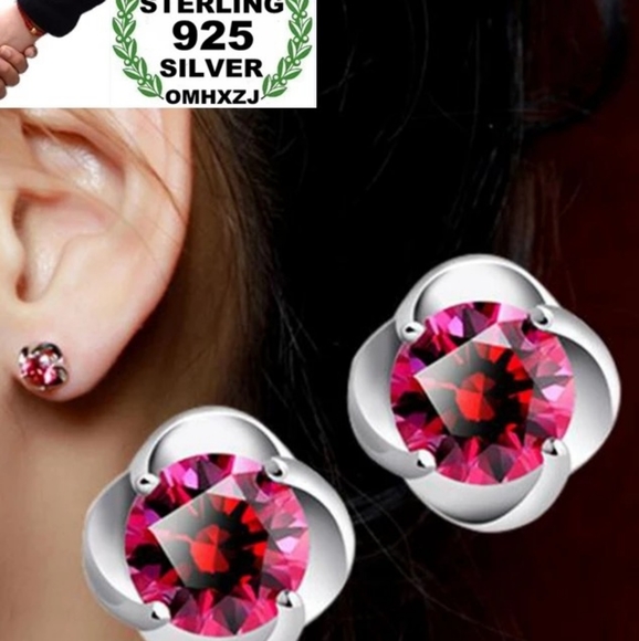 NEW 925 Silver Round Pink Sapphire Stud Earrings - Picture 2 of 12